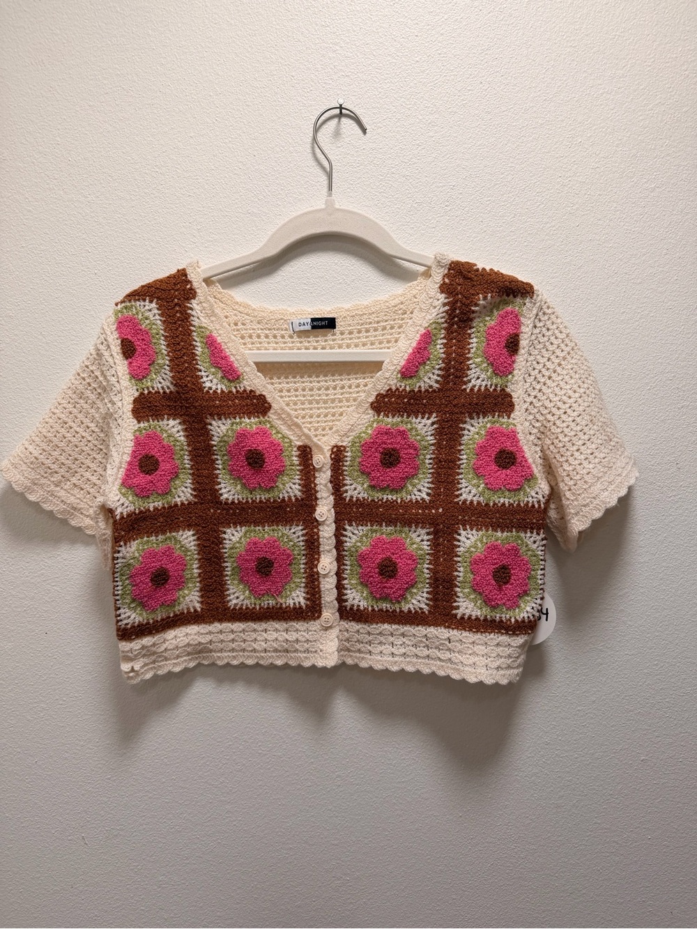 Crochet Floral Crop Top - Pink & Brown NWT Small - Picture 2 of 3